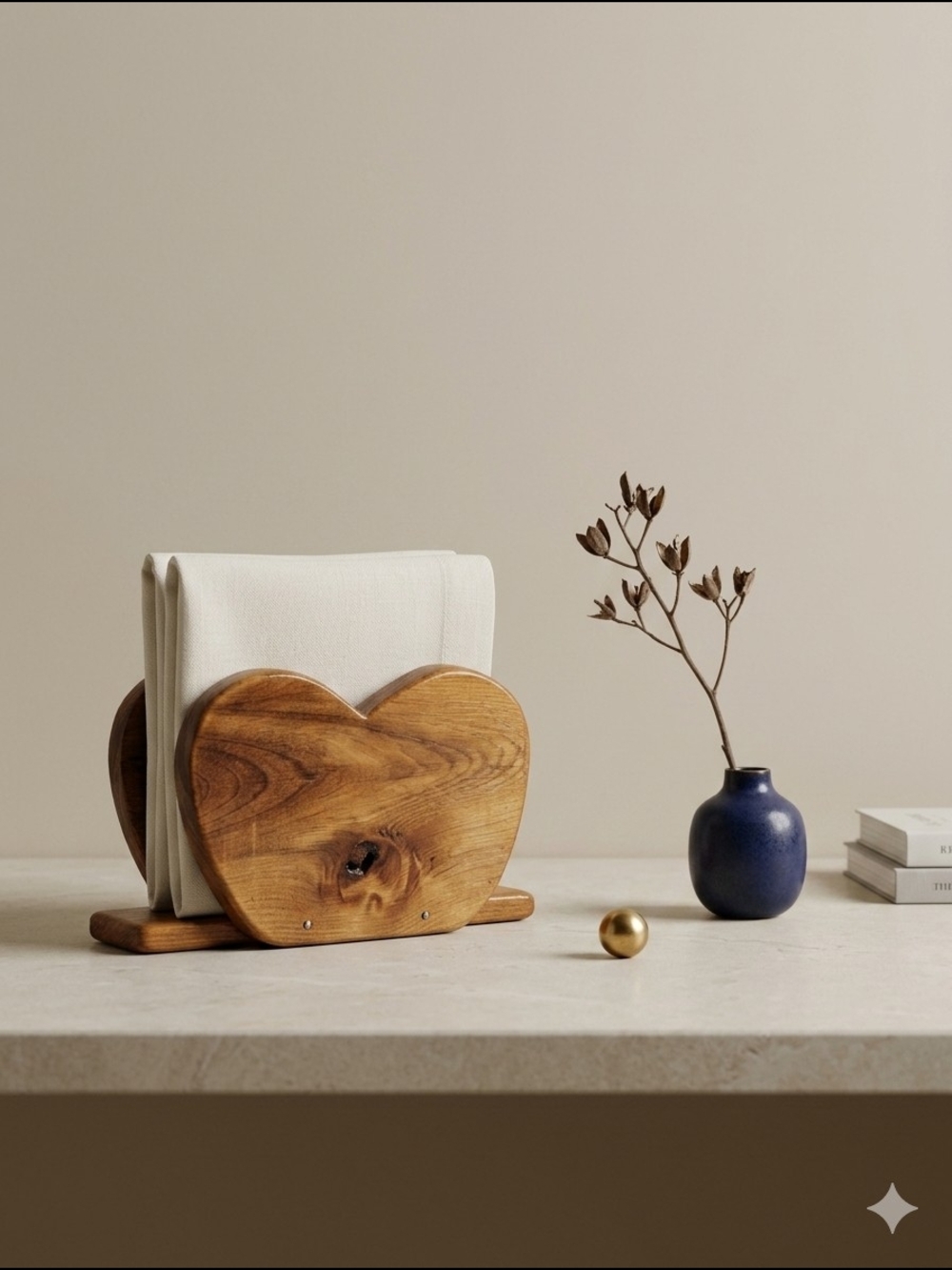 Heart-Shaped Wooden Napkin Holder in Natural Brown
